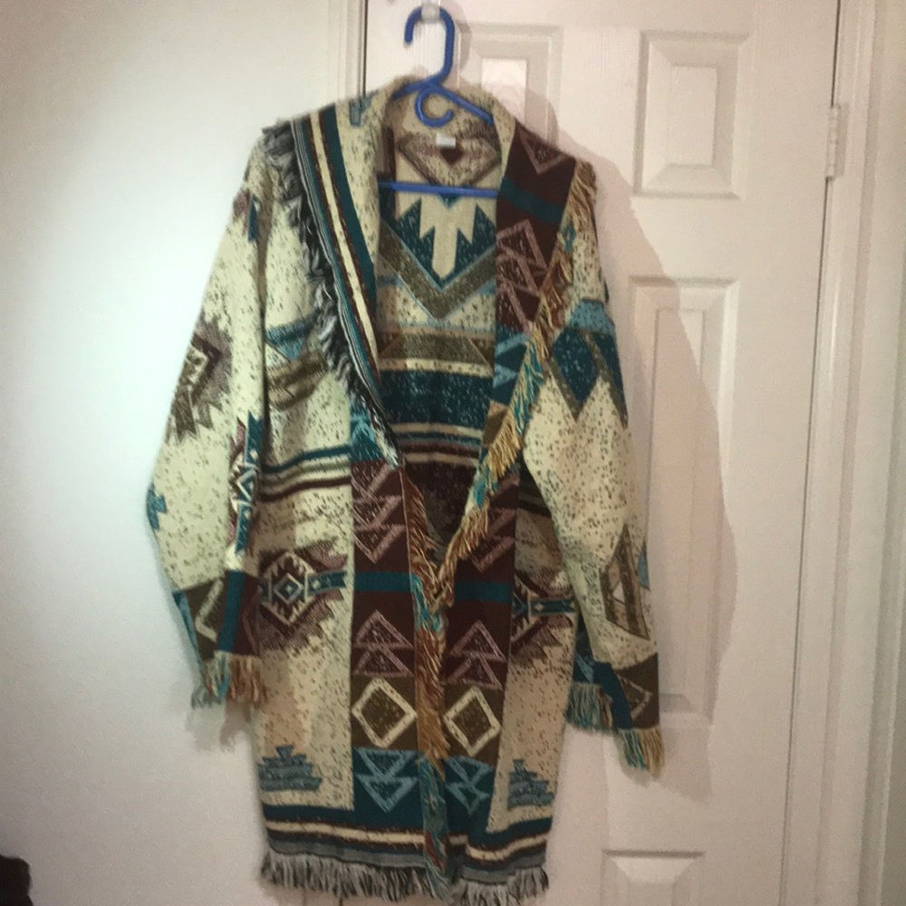 Aztec print coat,purple, teal and cream